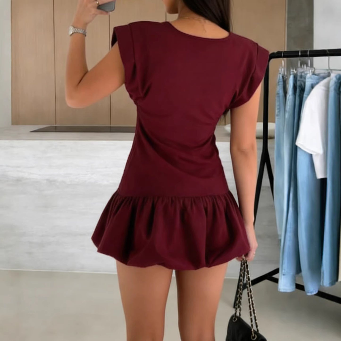 Womens Solid-Color Fashion Short-Sleeve Ruffle-Trim Dress