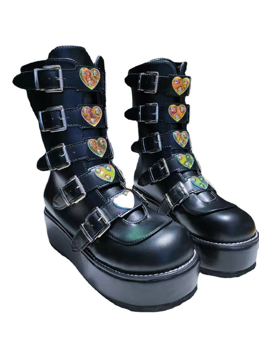 European And American Style Thick Soled Belt Buckle Mid Tube Rider Boots