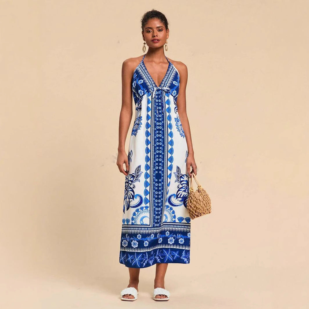 Womens Woven Printed Backless Halter Maxi Dress For Vacation