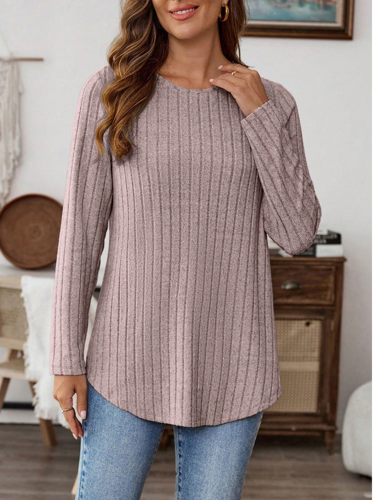Womens Solid-Color T-Shirt With A Crew Neck Long Sleeves And Buttons