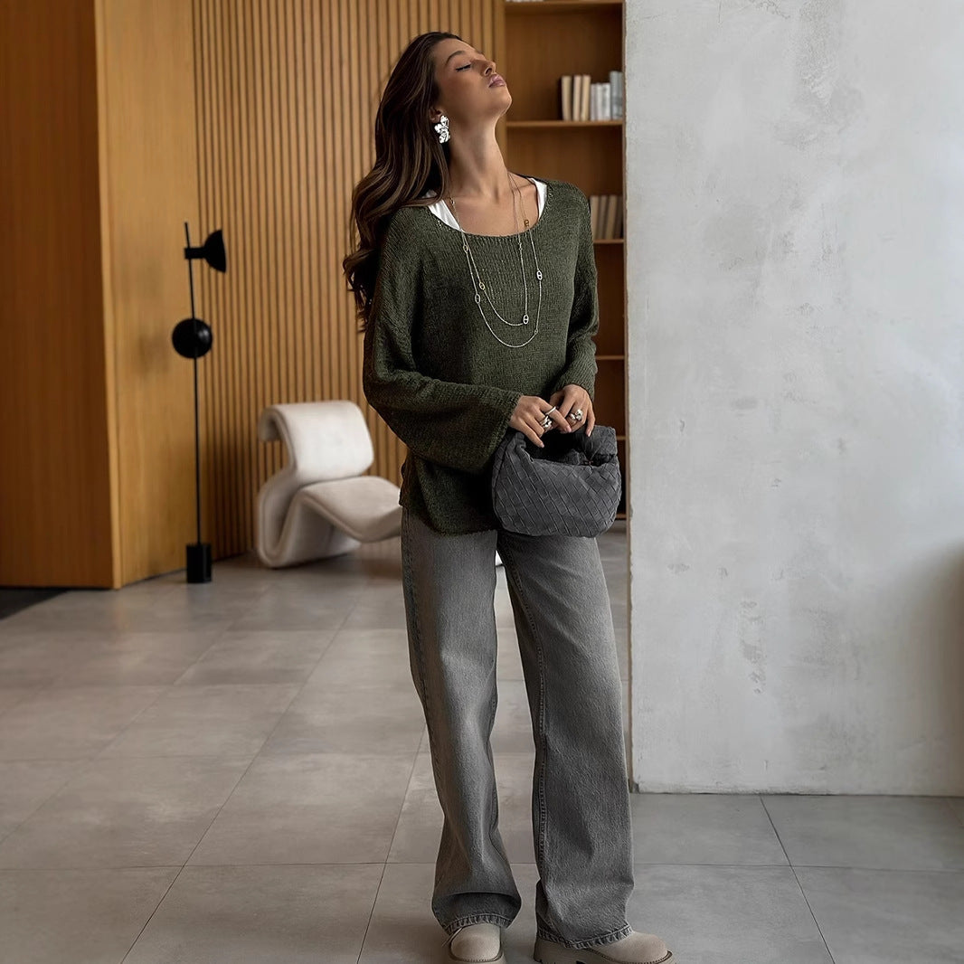 Women's Simple Solid Color Knitted Hollow-out Long-sleeved Sweater