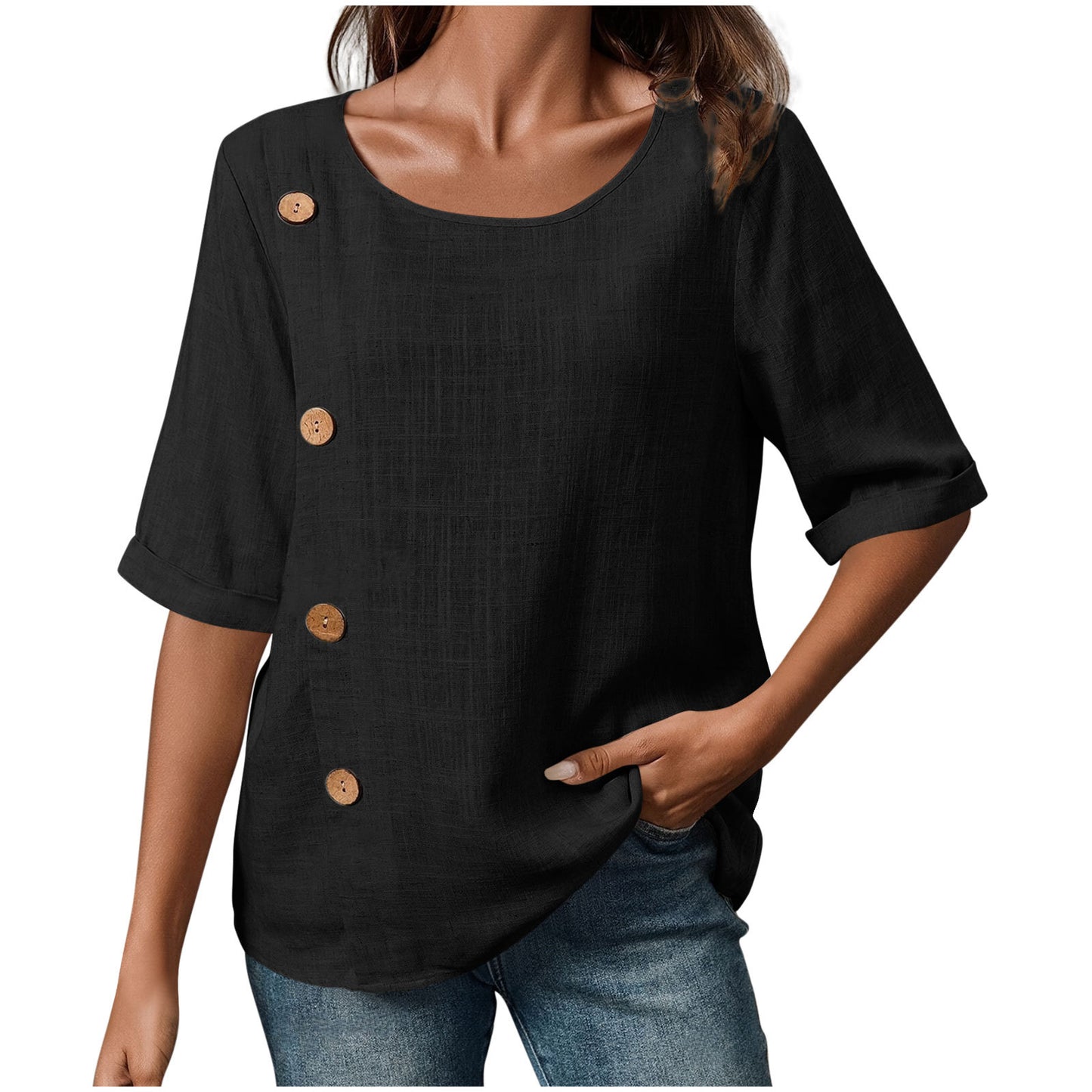 Womens Cotton-Linen Button-Up Fashion Casual Top