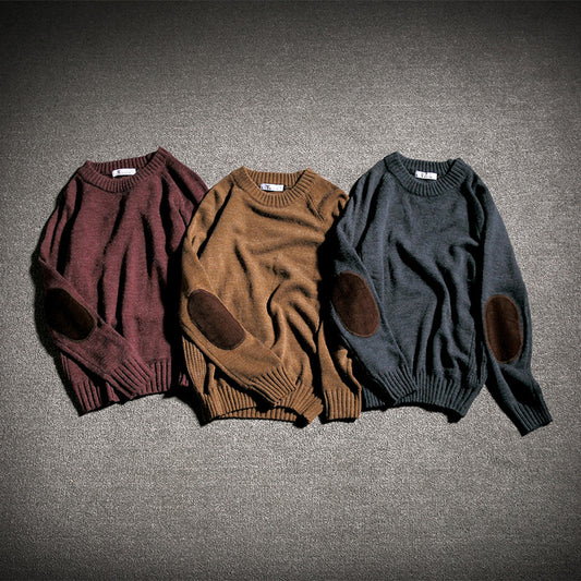 Men's Knitwear Solid Color Patch Handsome Student Crewneck Sweater