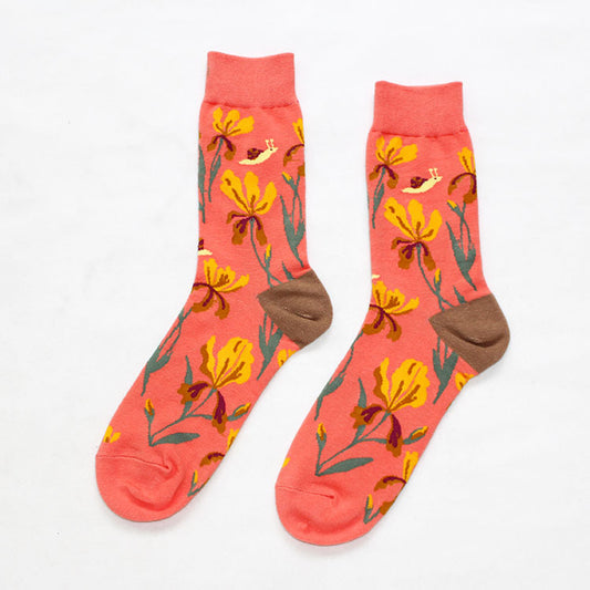 Cotton socks painted with flowers and birds