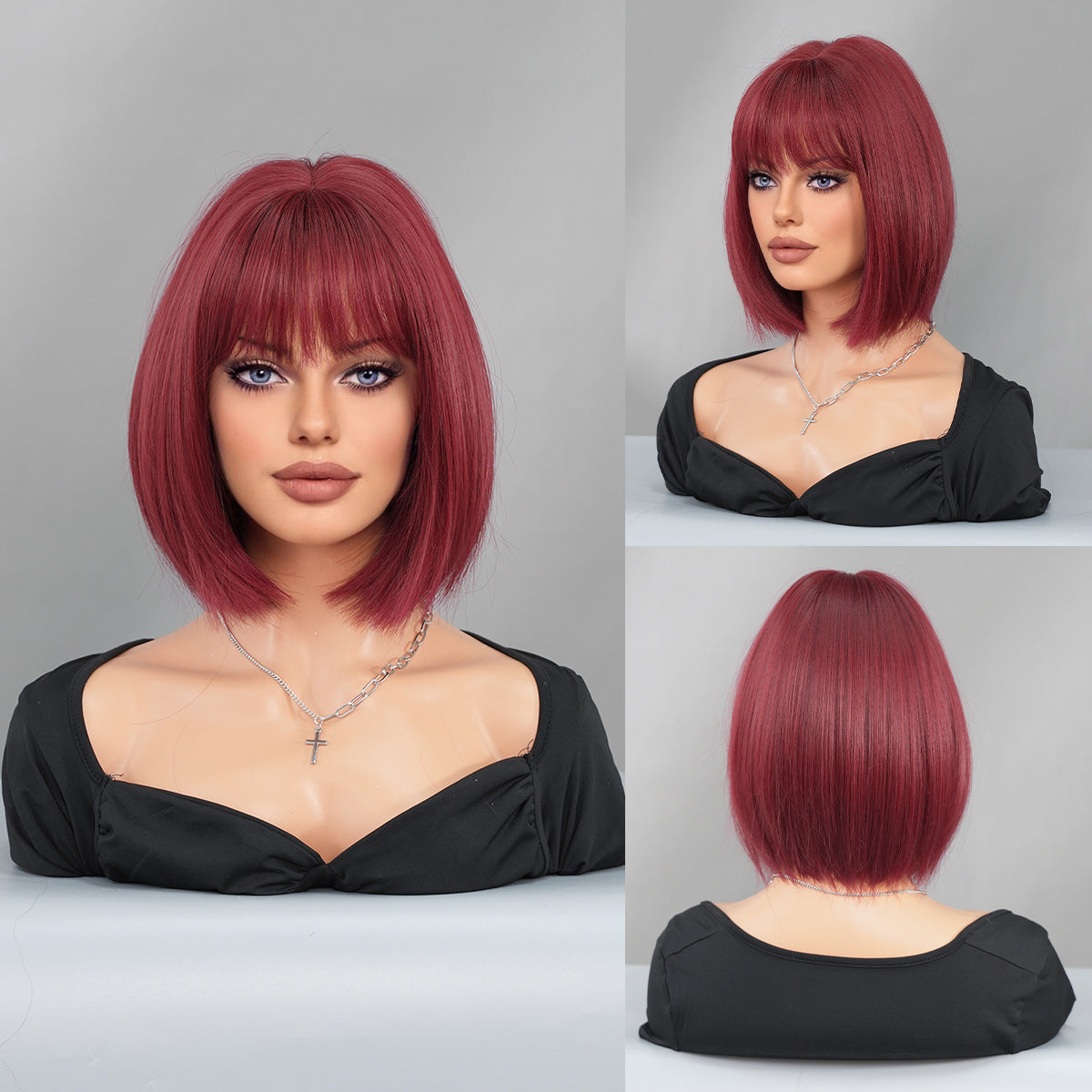 Black Short Hair Bobhaircut Straight Bangs Chemical Fiber Wig