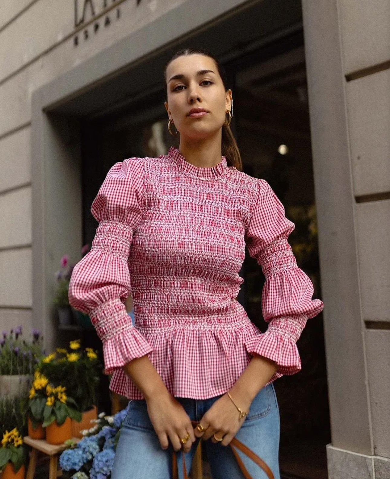 Plaid-printed Pleated Crew-neck Long-sleeve Slim-fit Women's Top