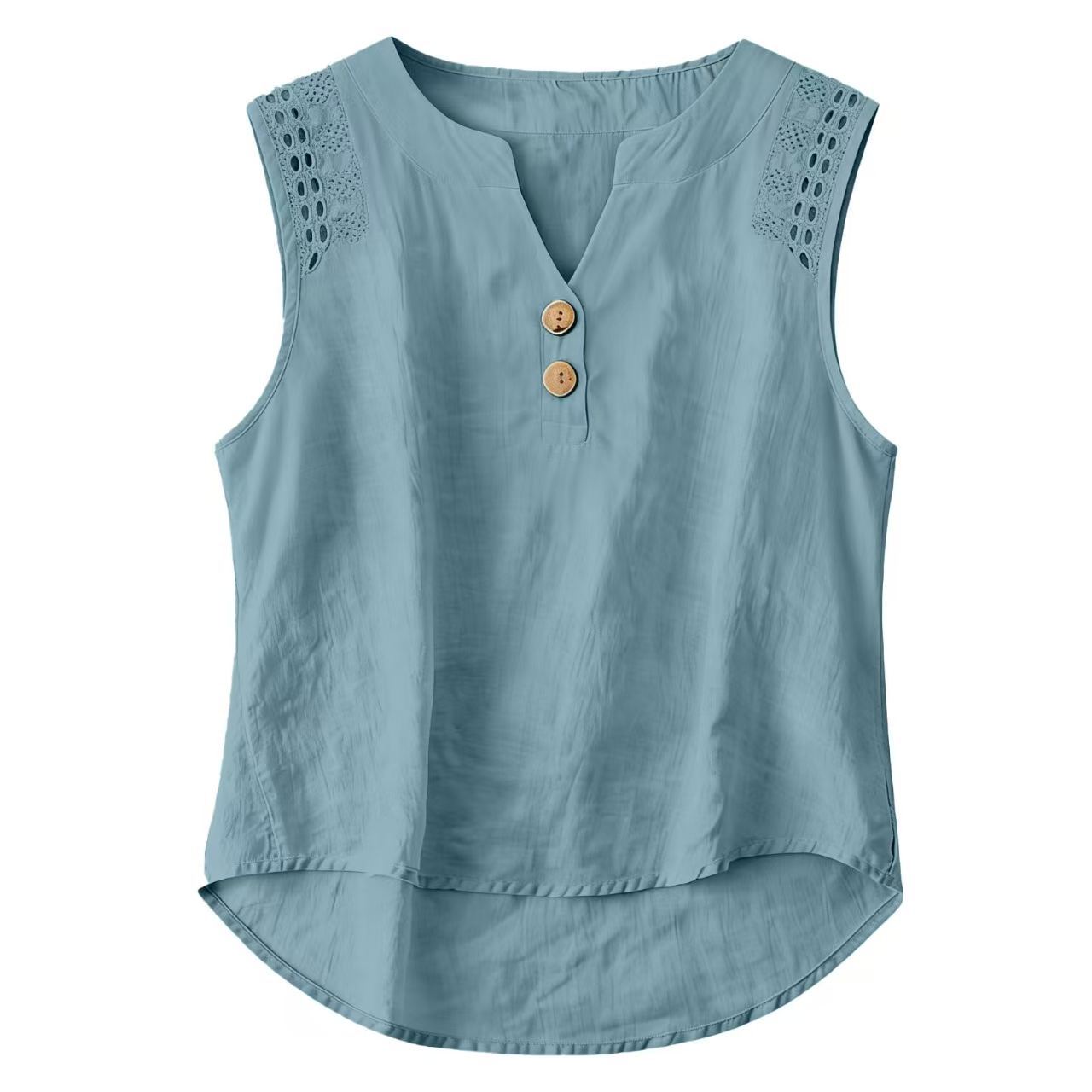 Solid-color V-neck Hollow-out Button Cotton-linen Short-sleeve Top Shirt