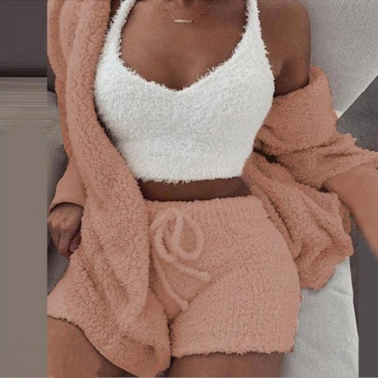 Winter Plush Loungewear Casual Three-piece Pajama Set