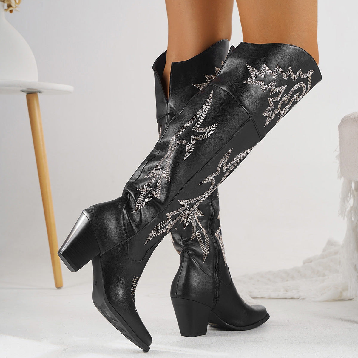 Western denim-over-the-knee-støvler til kvinder med lynlås i siden