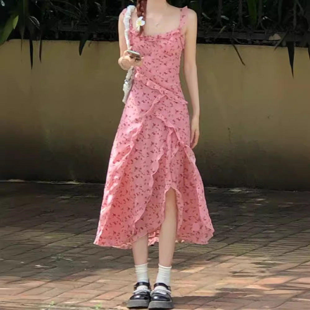 Womens Elegant Printed Slimming Slit Slip Dress