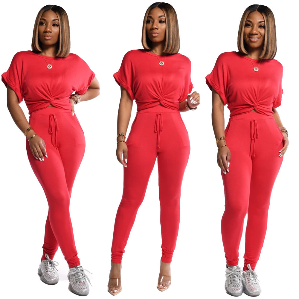 Solid Color Short-sleeved Pants Feature Sporty Casual Women's Suit