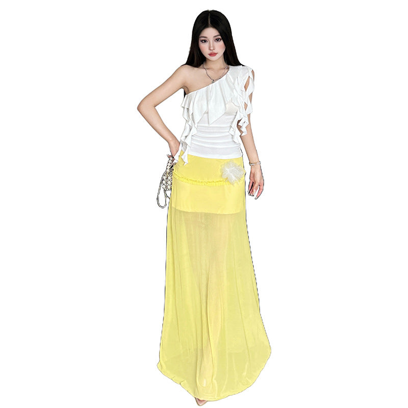 Women's Slant Shoulder Slim Fit Top And Skirt Set
