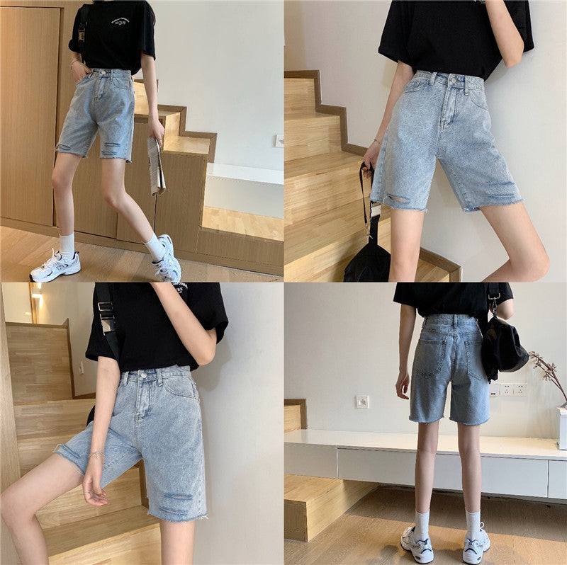 High-waisted slim-hole ruffled five point jeans