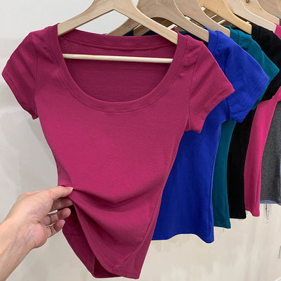 Cotton T-shirt Women's Short Sleeve Low Collar Collarbone