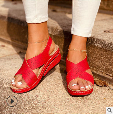 Summer New Style Hollow Casual Cross Strap Women's Wedge Sandals