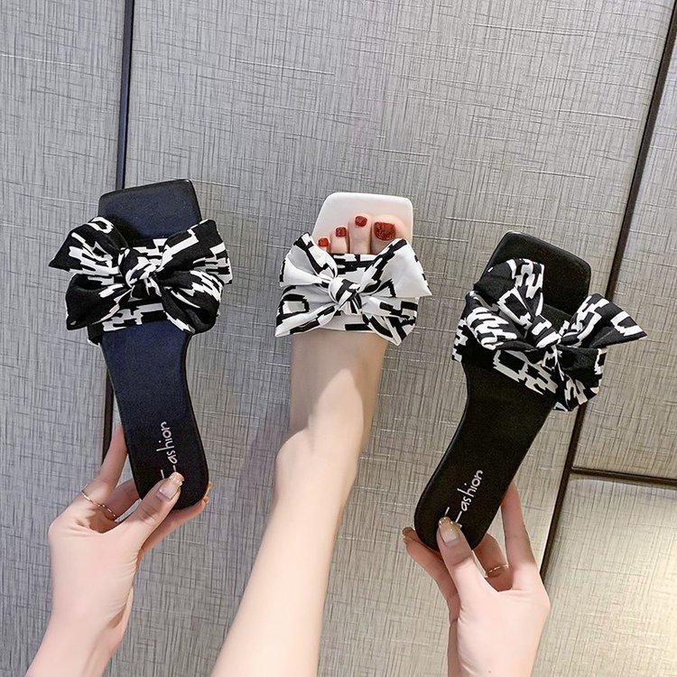 Summer Bow Square Toe Flat Flip Flops