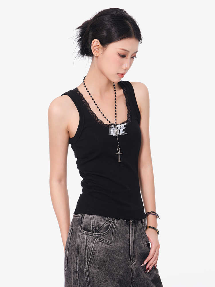 Black Lace I-shaped Camisole Women's Slim U Collar Top