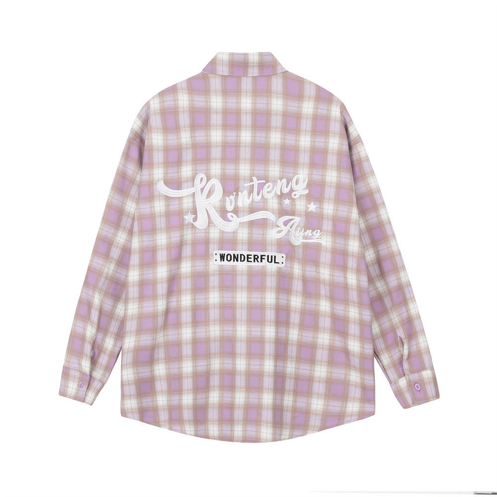 Spring And Autumn Plaid Letters Embroidered Shirt Coat