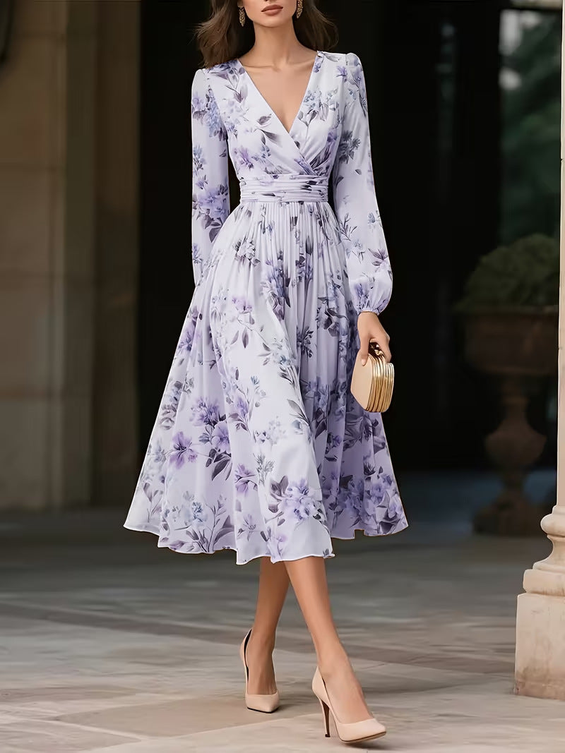Elegant V-Neck Long-Sleeve Womens Dress With Print