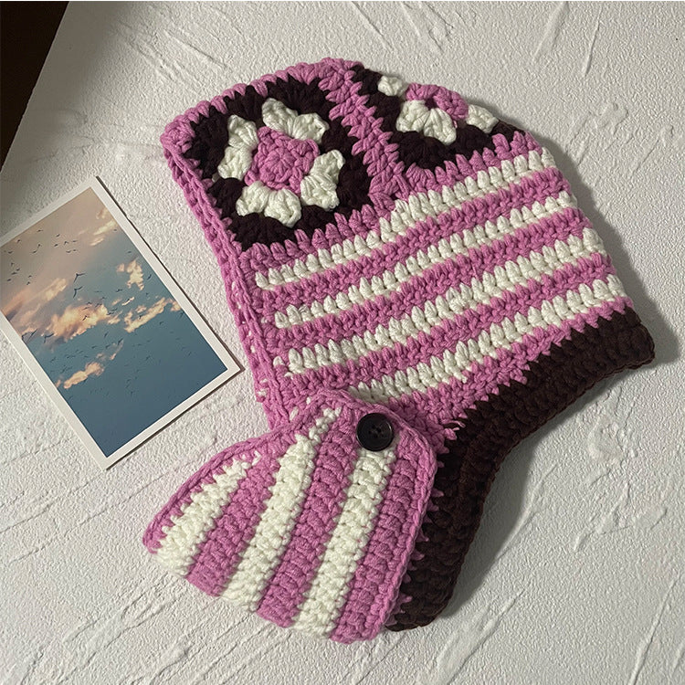 Ladies Fashion Floral Striped Knit Sweater Hat