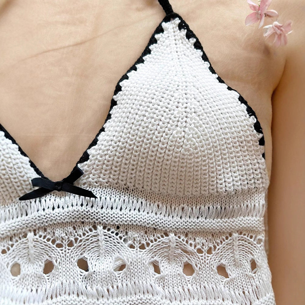 Knitted Backless Hollow-Out Halter Top And Skirt Set