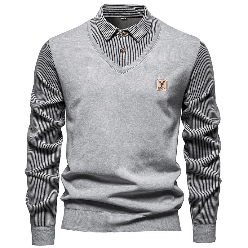 Autumn And Winter New Men's Long-sleeved Fake Two-piece Fashion Fleece-lined Striped Shirt