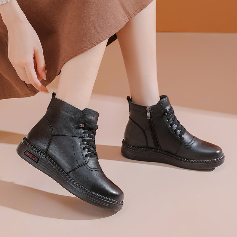 Mother Cowhide Wool Fleece Lined Soft Bottom Non-slip Wear-resistant Ankle Boots