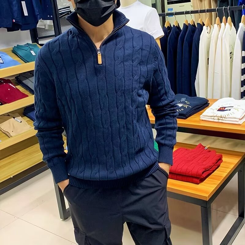 Mens Thermal Knit Top With Half Zip And Long Sleeves
