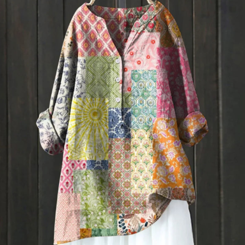 Women's Loose-Fit V-Neck Blouse With Patchwork Boho Pattern