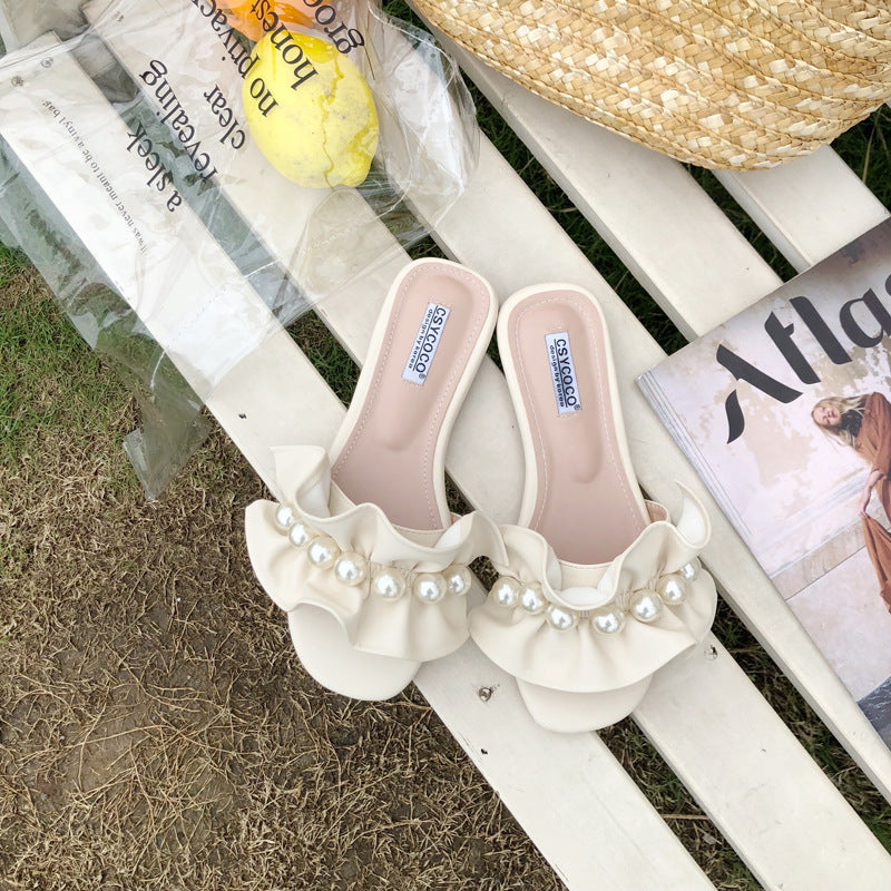 Pure color summer ruffled flat pearl slippers
