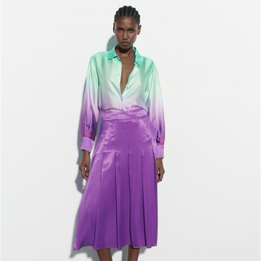 Long Sleeve Tie-dyed Loose Shirt Silk Satin Pleated Suit Women