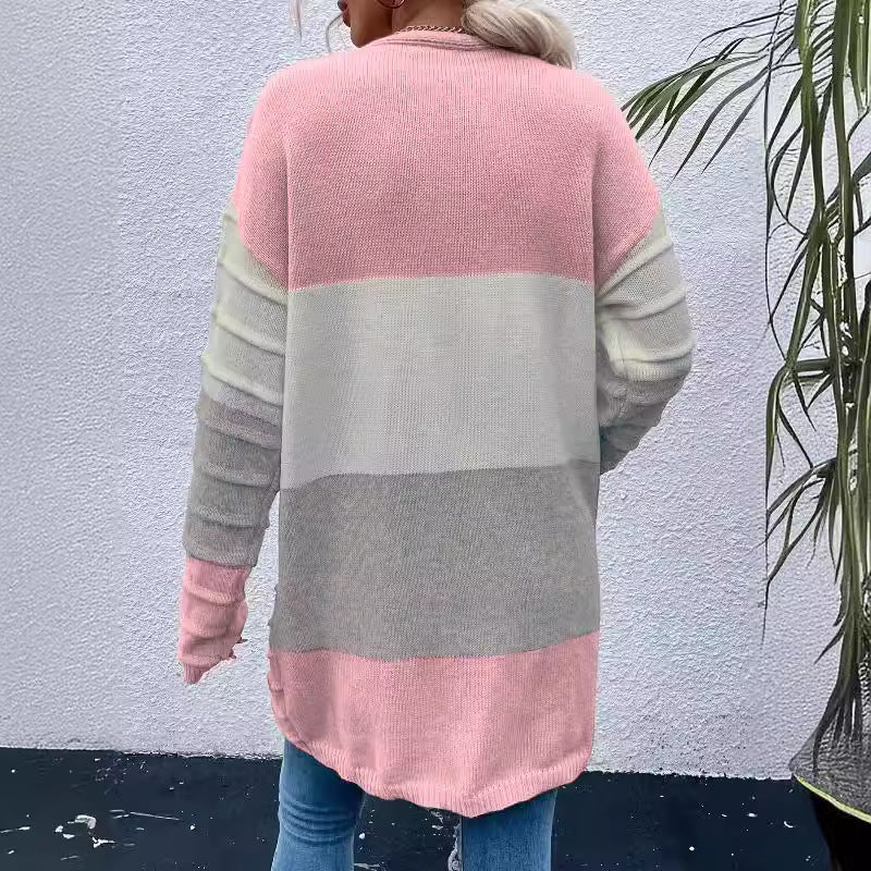 Amazon AliExpress Sweater Women's Fashion Jacket With Big Pockets Autumn And Winter Long Striped Color Matching Cardigan