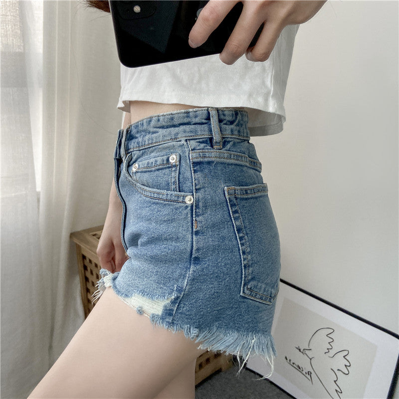 Fashion High Waist Ragged Denim Shorts