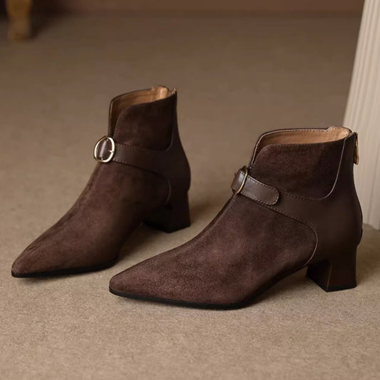 Pointed-toe Suede Belt-strap Mid-heel Ankle Boots