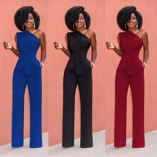 Solid-color Slanted-collar Buttoned Jumpsuit With Wide Legs