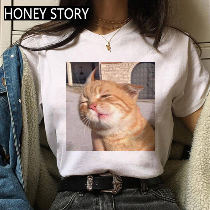Kitten Print Round Neck Women's Loose Short Sleeve T-shirt