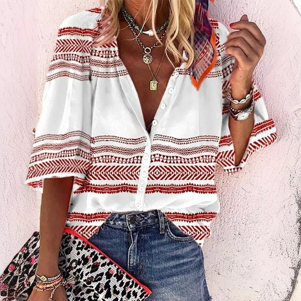 Creative Shading Pattern 3D Printing Home Leisure Short Sleeve V-neck Shirt Women