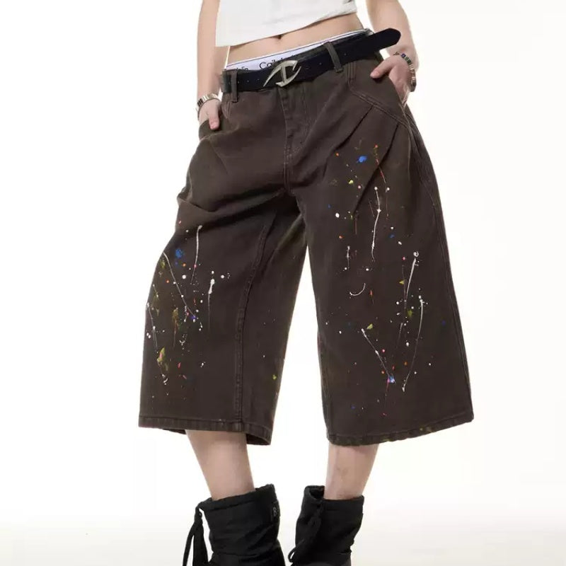 Retro Paint-splashing Style Graffiti Denim Shorts Baby Boy And Girl Summer Loose Straight