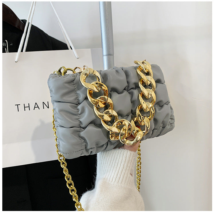 Tide Folds Embroidered Thread Thick Chain Check Fashion One-shoulder Messenger Bag
