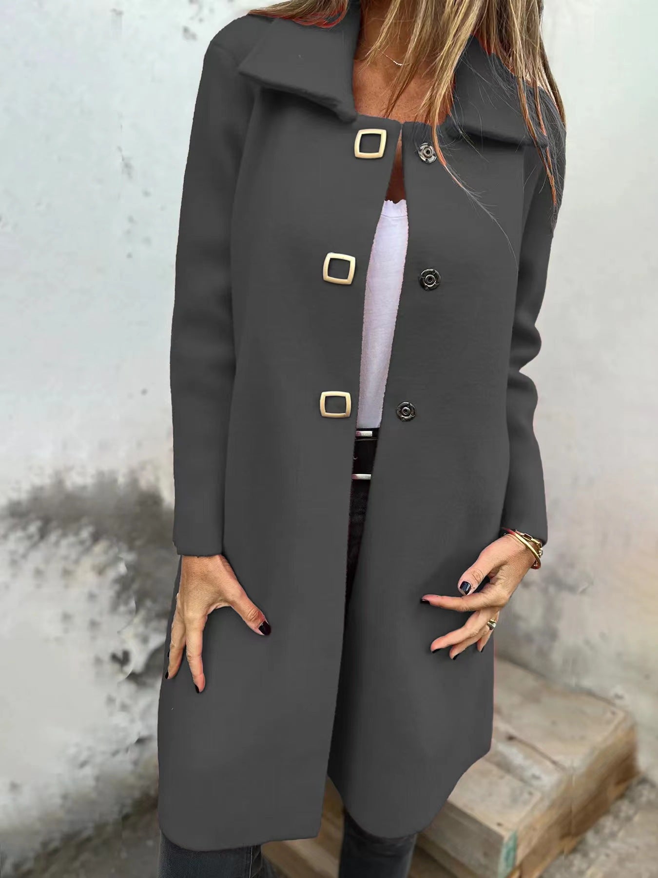 Women's Solid-color Mid-length Wool Coat With A Single-breasted Design