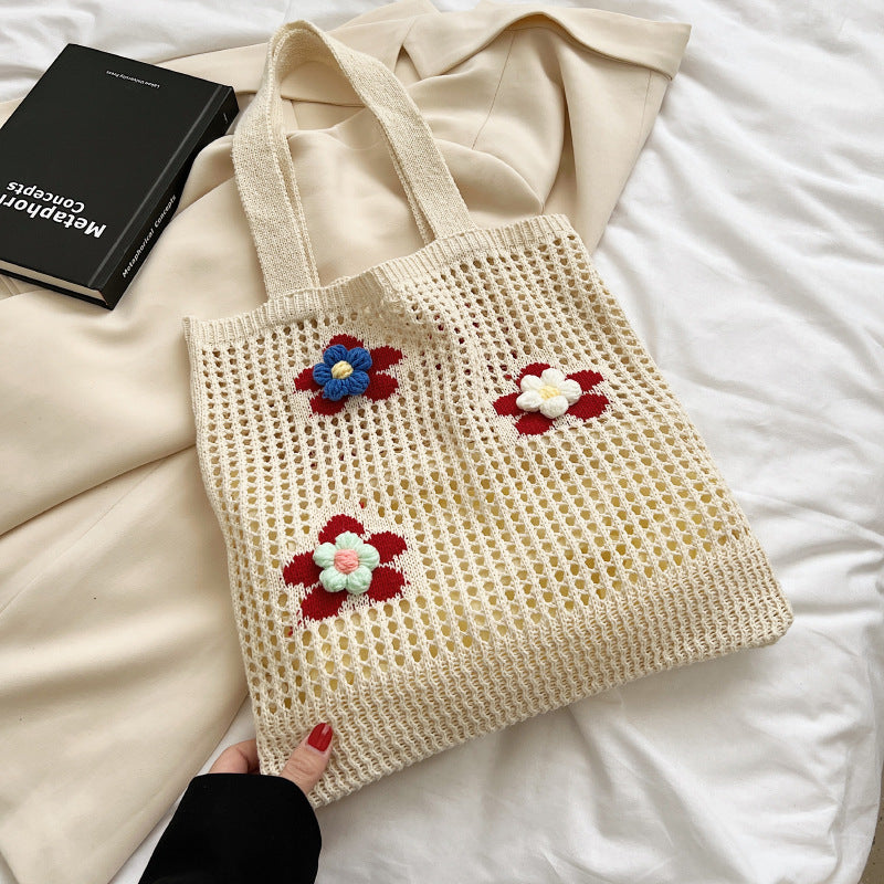 Hollow Knitted Bag Westernized Flower One Shoulder Handbag