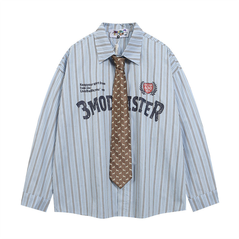Letter Print With Tie Vertical Stripes Long Sleeve Shirt For Men