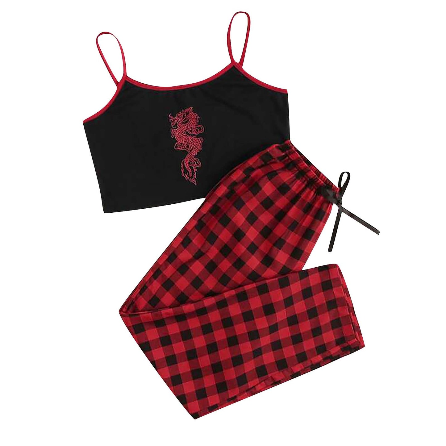 Camisole Red Plaid Casual Trousers Suit