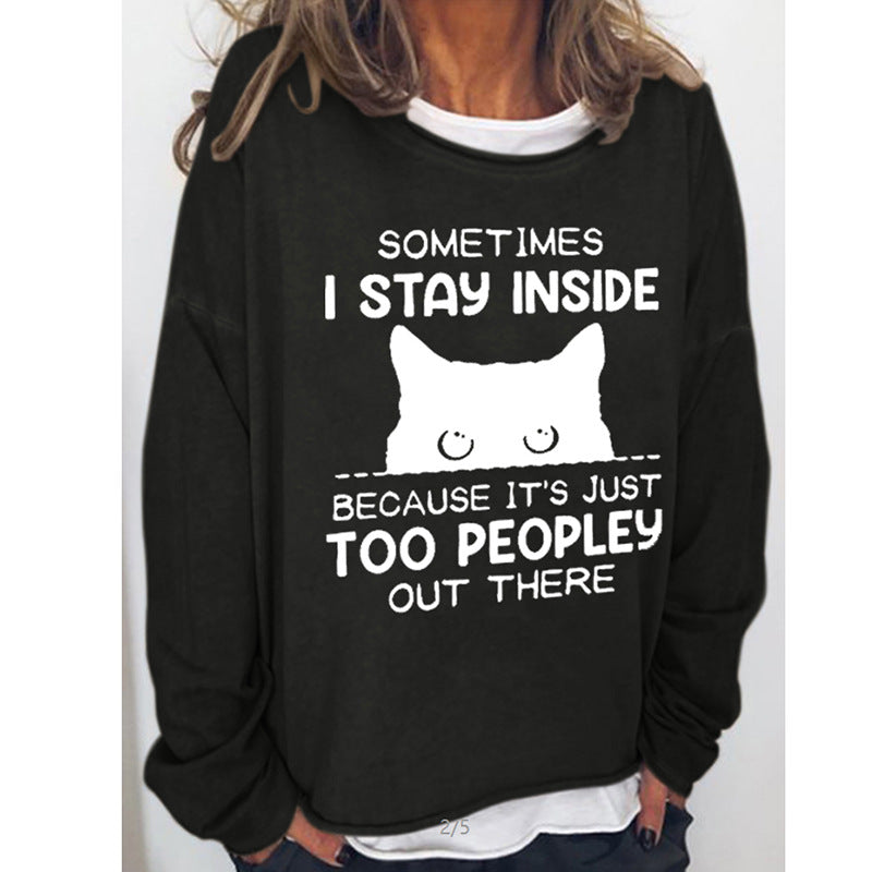 Black Cat English Round Neck Long-sleeved Pullover Top