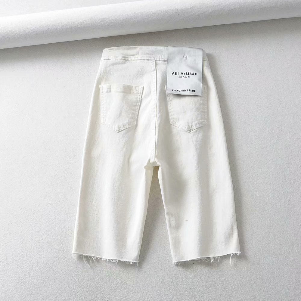 Black and White Slim High-Waist Stretch Five-Point Pants