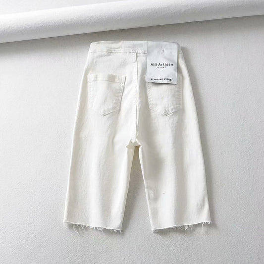 Black and White Slim High-Waist Stretch Five-Point Pants