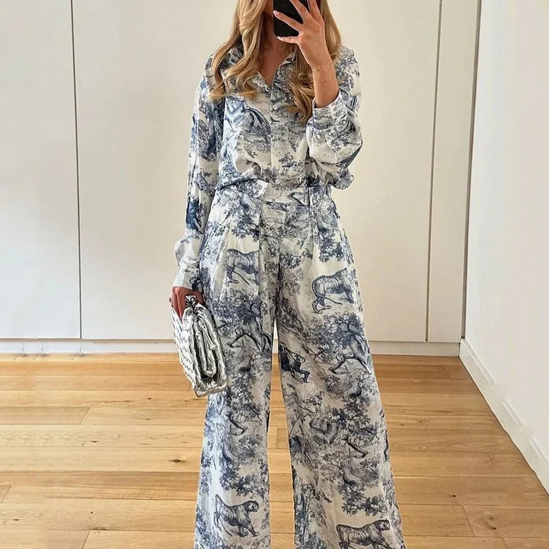 Floral Lapel Shirt Relaxed-Style Early Autumn Fashion Set For Women