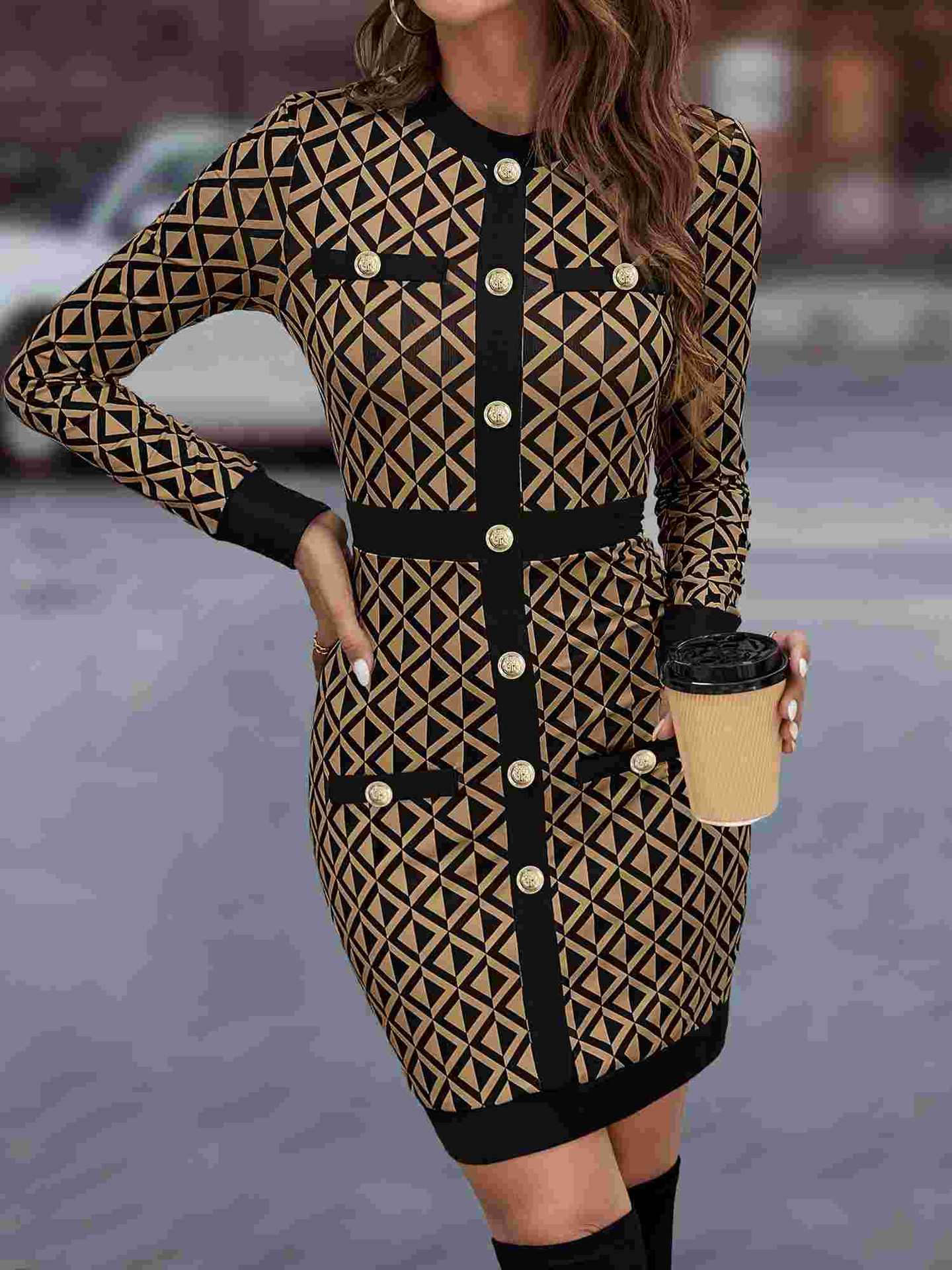 Women's Plaid Round Neck Long Sleeved Knitted Dress