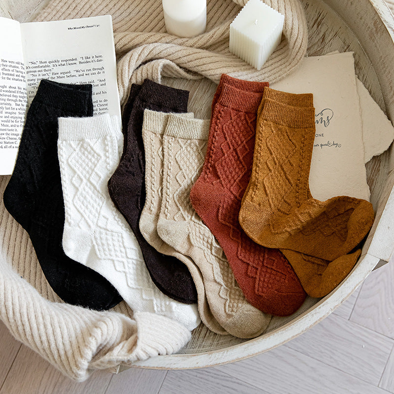 Female Solid Color Peplum Simple Wind Japanese Retro Autumn And Winter Dark Pattern Diamond Plaid Medium Tube Mori System Socks