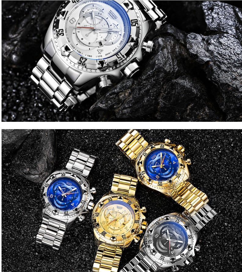 Explosion models watch men's fake three-eye luminous large dial steel belt sports men's watch